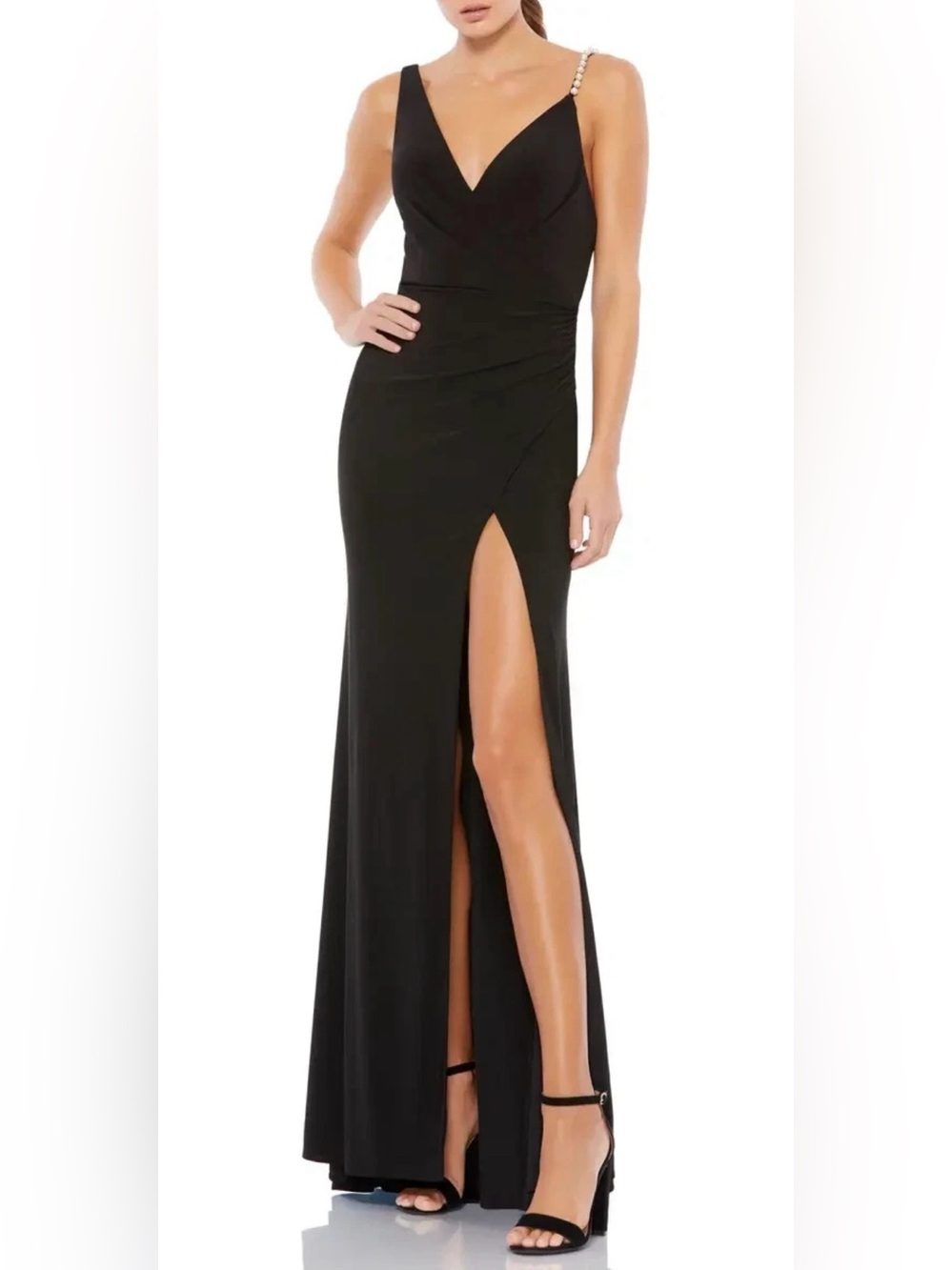 IEENA FOR MAC DUGGAL Black Thigh High Slit Pearl & Rhinestone Strap Gown NWTs!